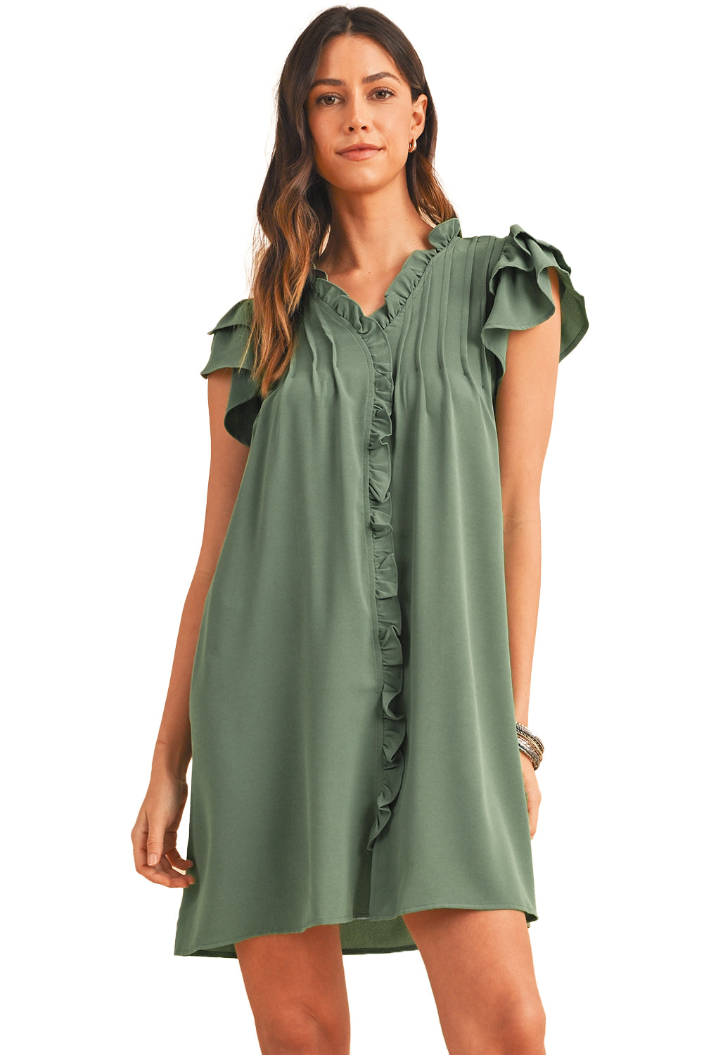 Mist Green Ruffle Trim Sleeve V Neck Pocketed Mini Dress