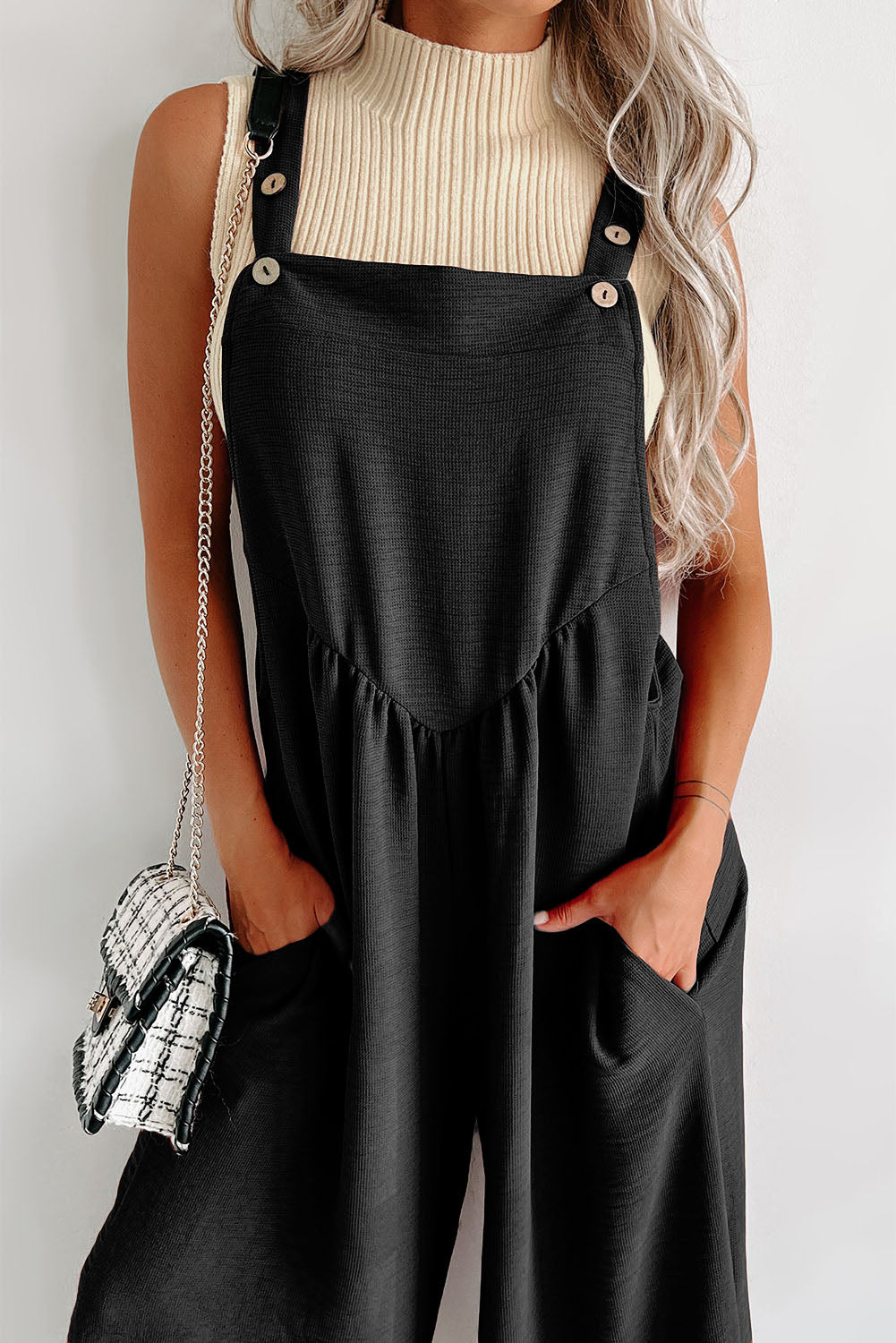 Black Adjustable Straps Ruched Wide Leg Jumpsuit