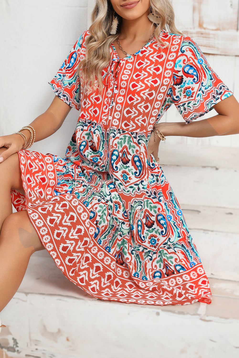 Bohemian Tie Neck Flounce Sleeve Ruffle Hem Mini Dress