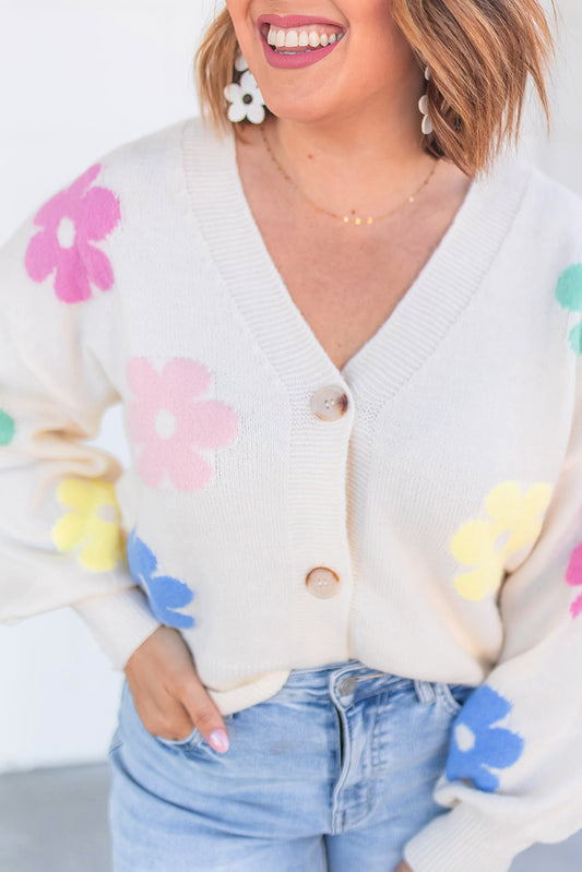 Beige Cute Flower V Neck Buttoned Cardigan