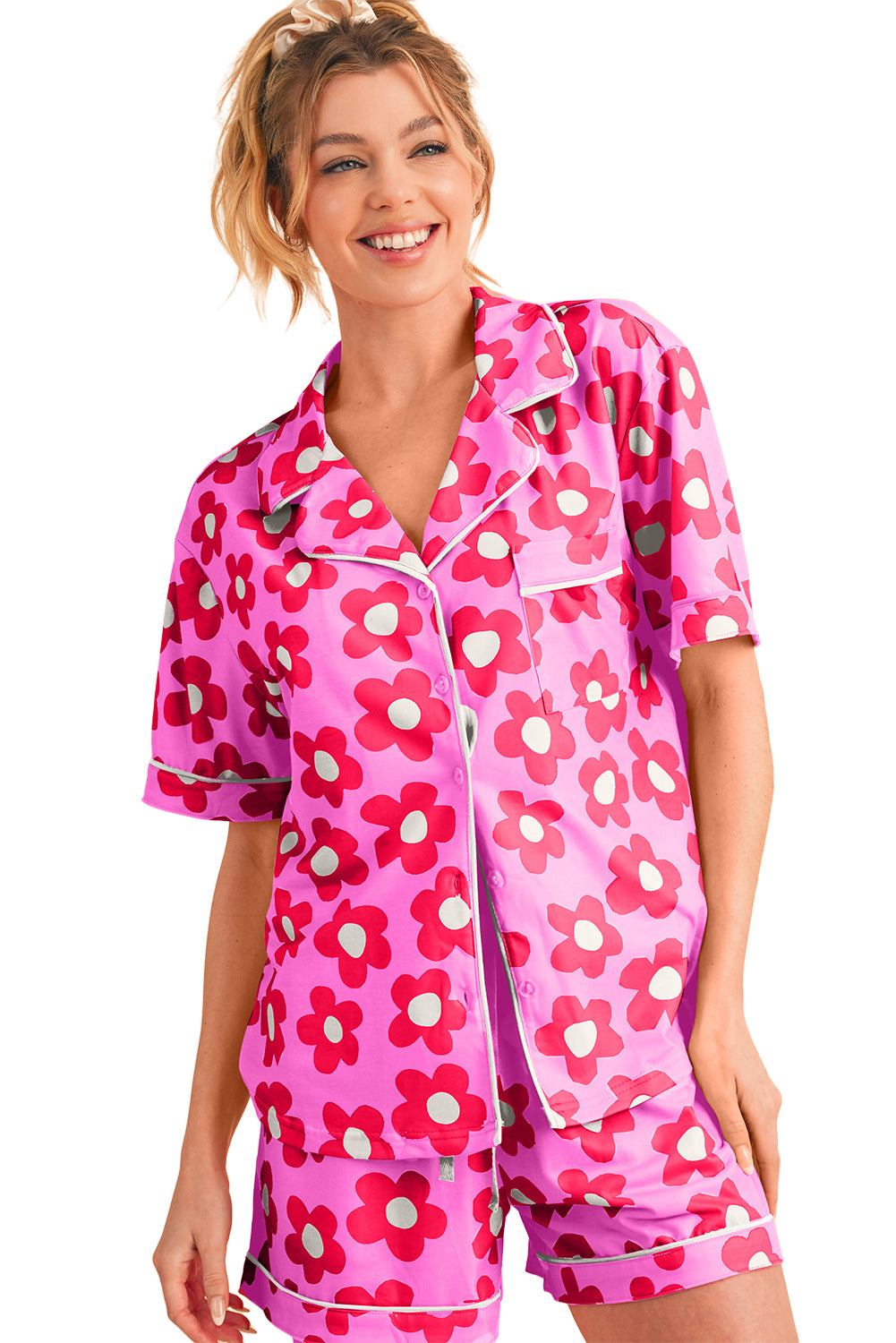 Pink 60s Flower Print Buttoned Shirt and Drawstring Waist Pajama Set