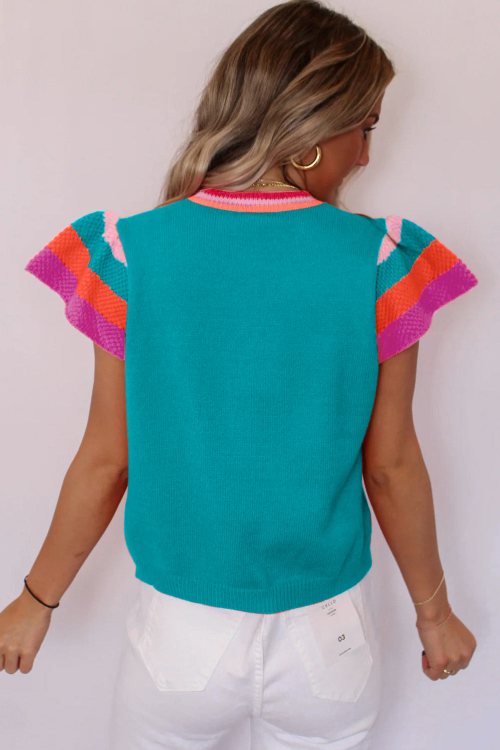 Color Striped Sleeve Knitted Tee