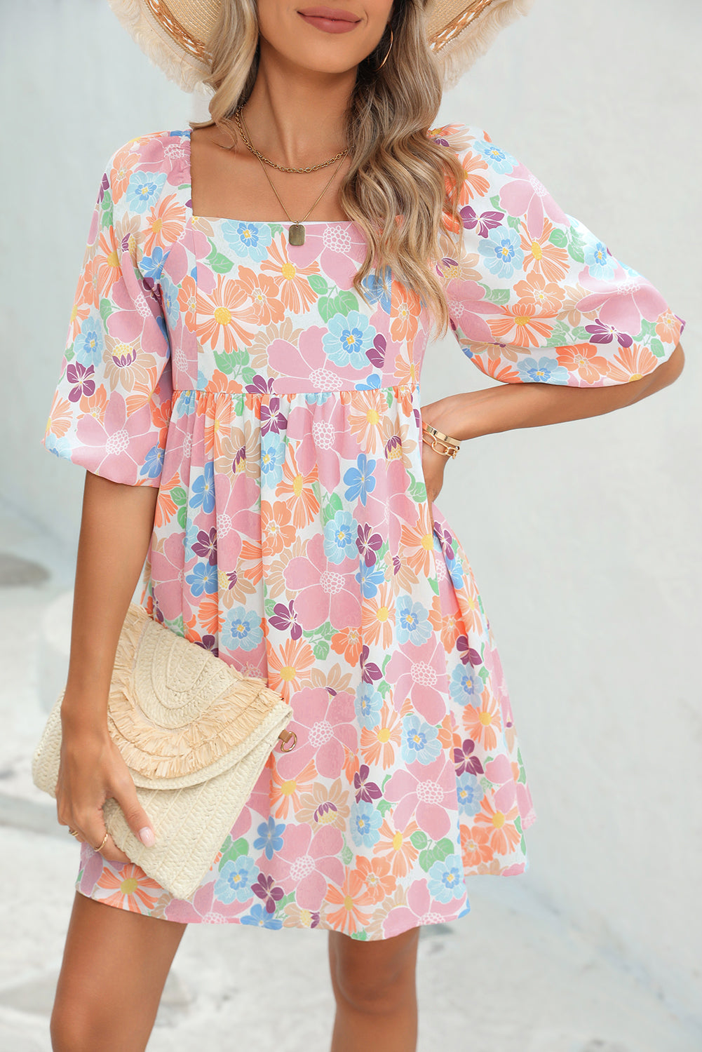 Rose Summer Floral Square Neck Puff Sleeve Babydoll Dress