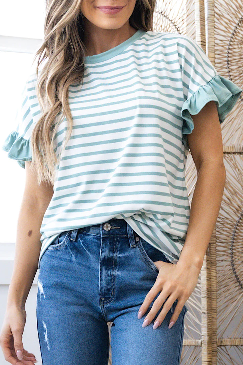 Green Striped Ruffle Cuffs Round Neck T-Shirt