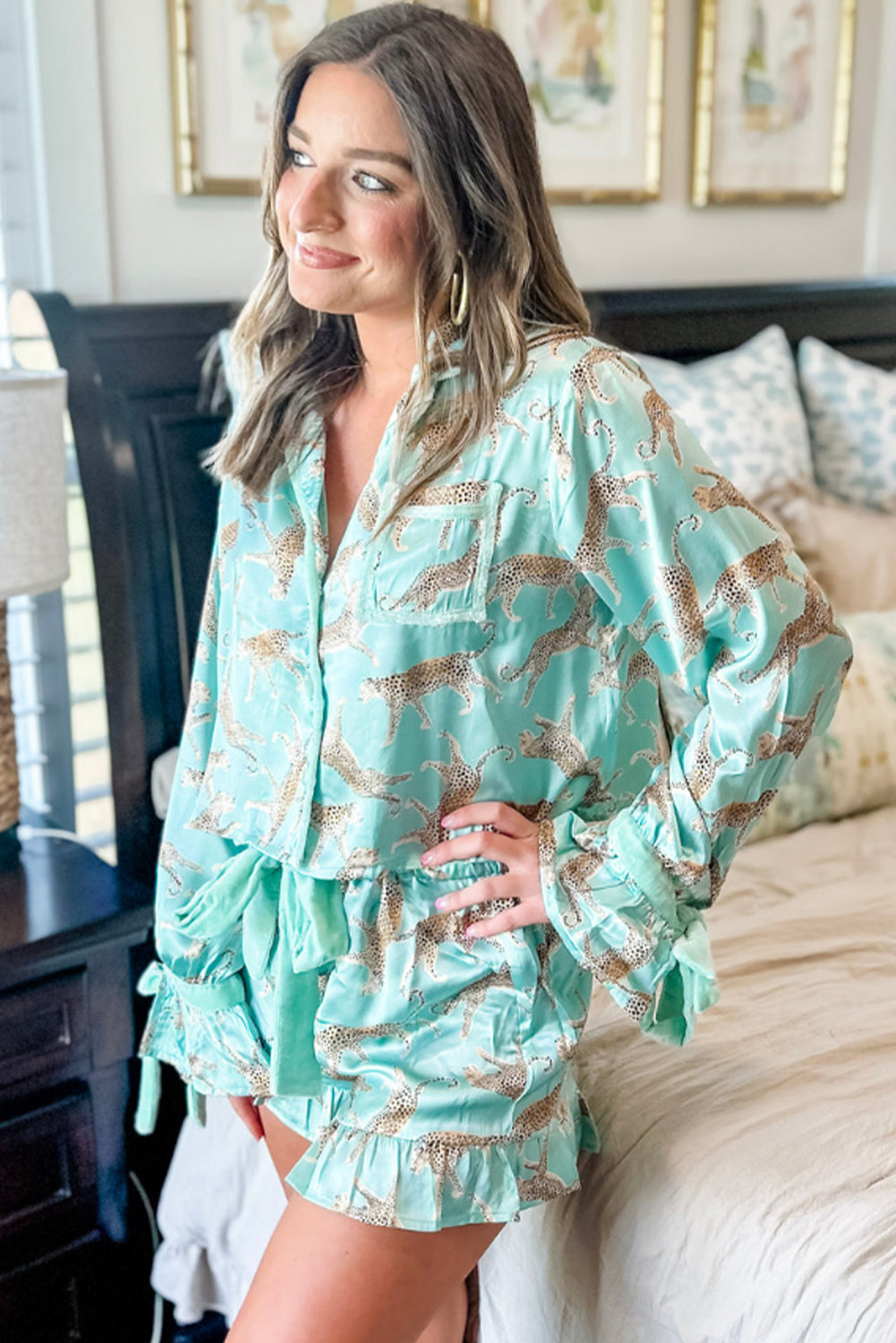 Leopard Satin Ruffle Hem Pajama Set