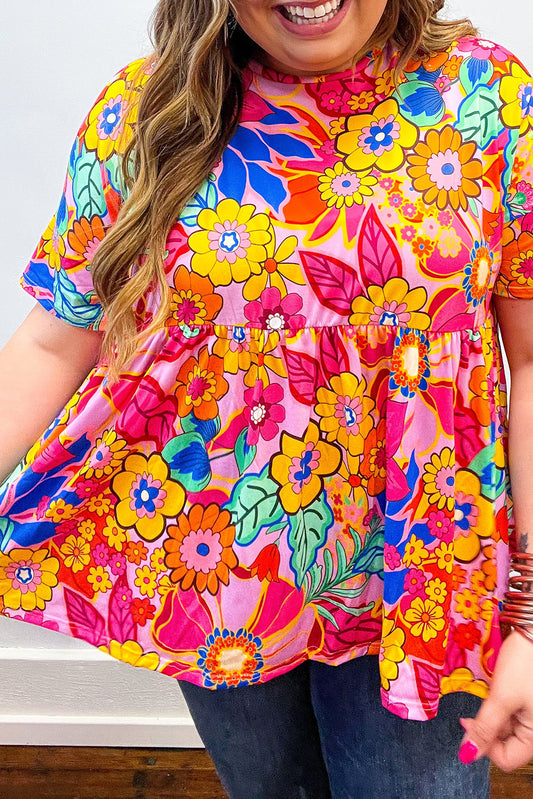 Boho Floral Print Plus Size Babydoll Blouse