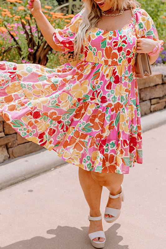 Pink Plus Size Puff Sleeve Smocked Floral Dress