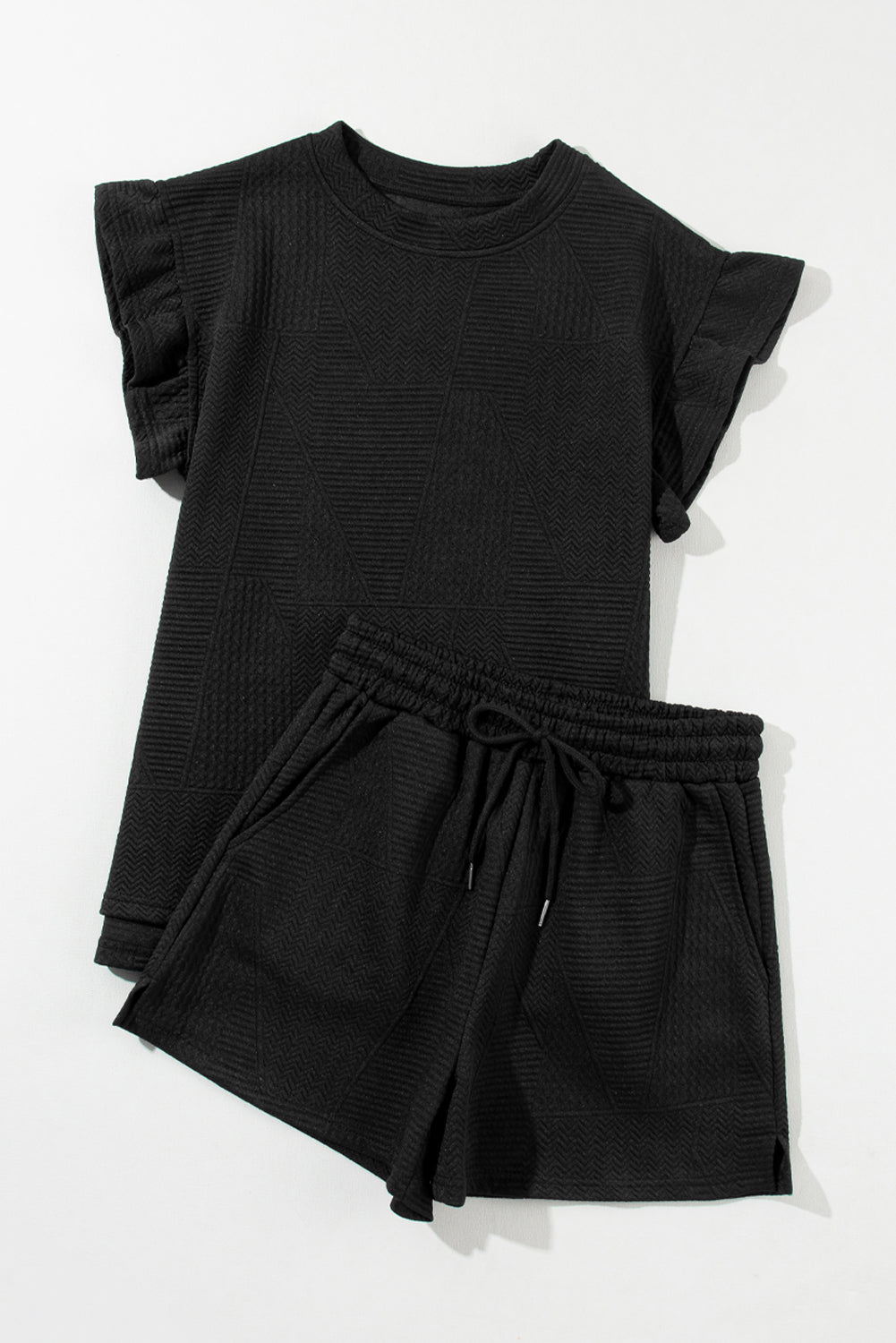 Textured Ruffle Split Top and Drawstring Shorts Set