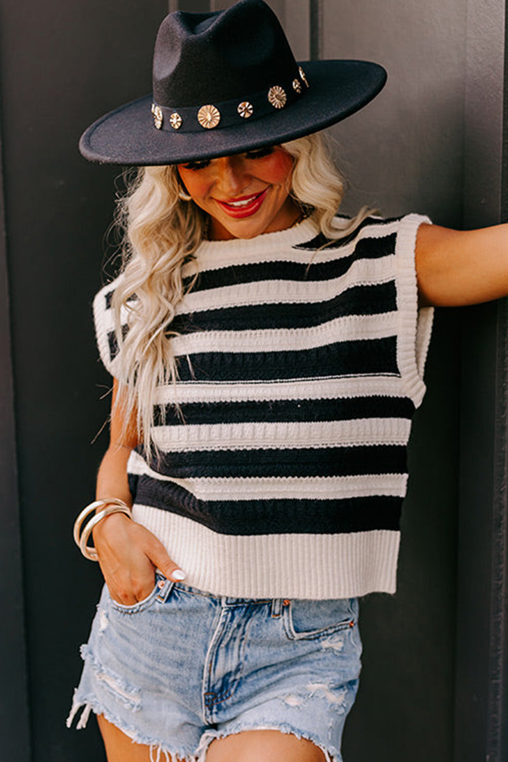 Black Stripe Round Neck Knit Top