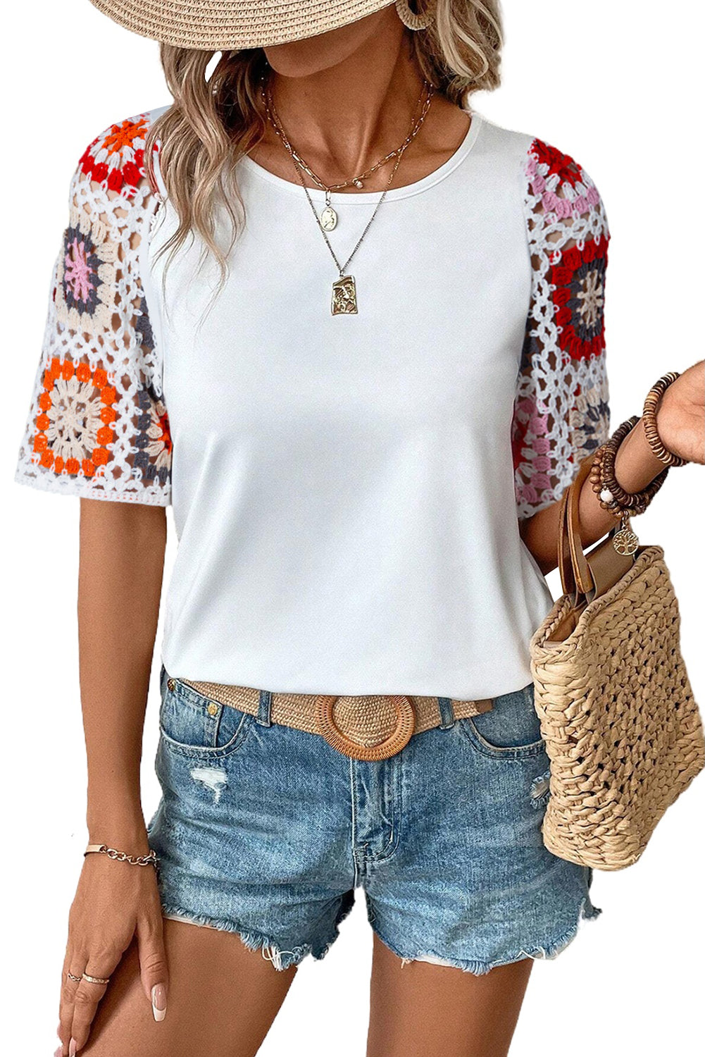 Floral Hollowed Crochet Sleeve Boho T Shirt