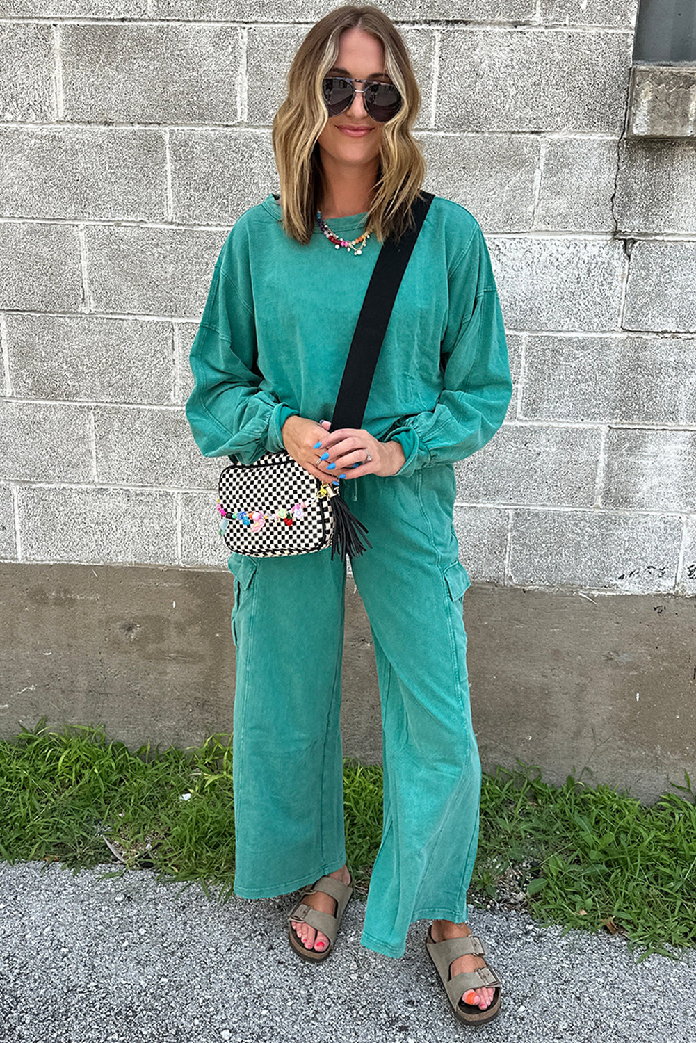 Mineral Wash Pullover and Wide Leg Cargo Pants Set