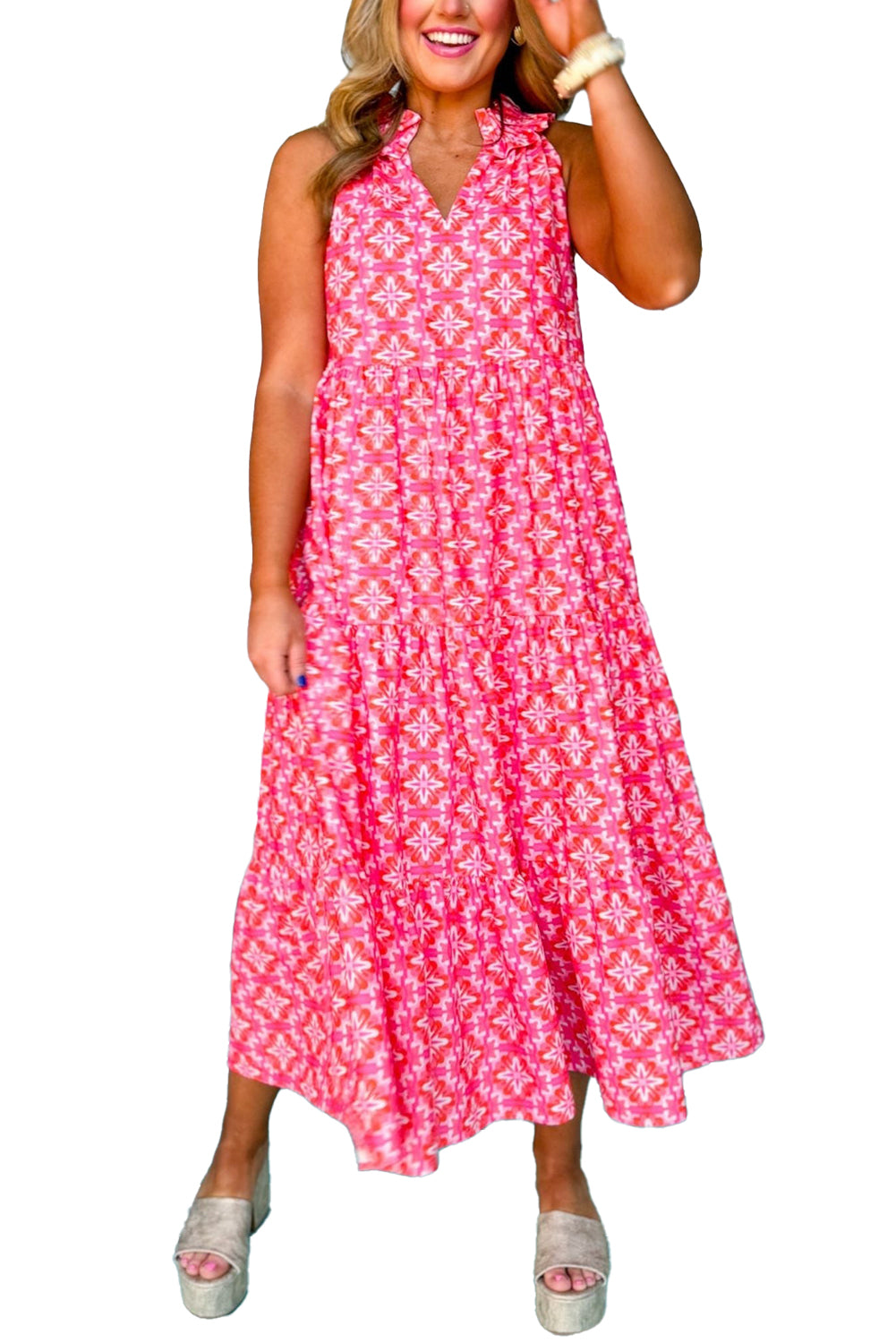 Abstract Print Frill Split Neck Tiered Maxi Dress