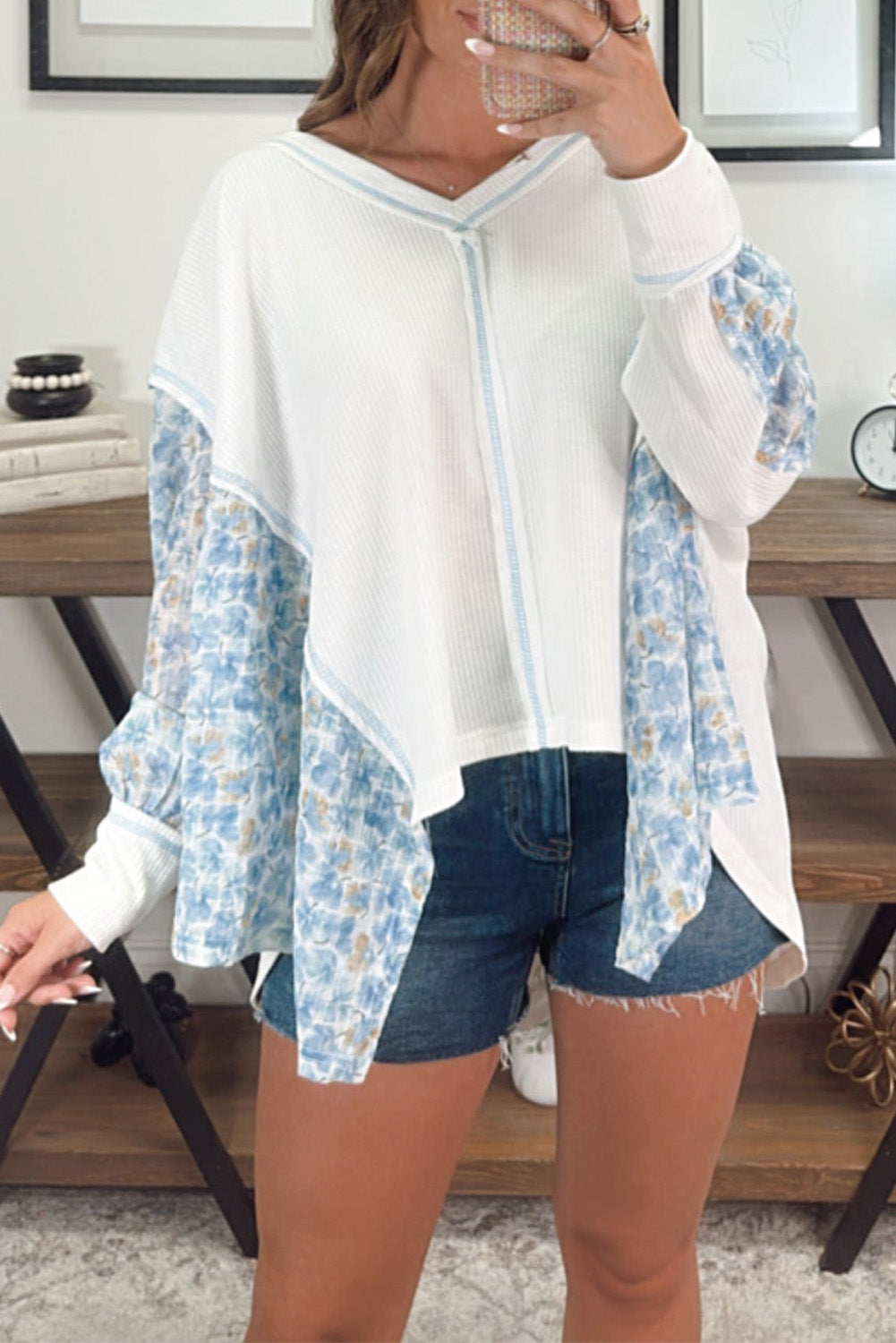 White Abstract Patchwork Waffle V Neck Dolman Top