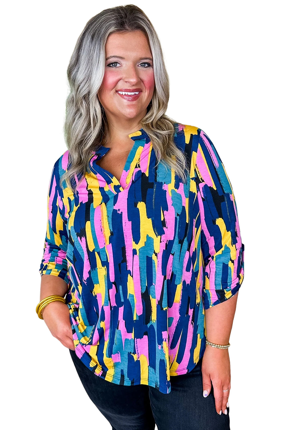 Blue Plus Size Abstract Print 3/4 Sleeve Blouse