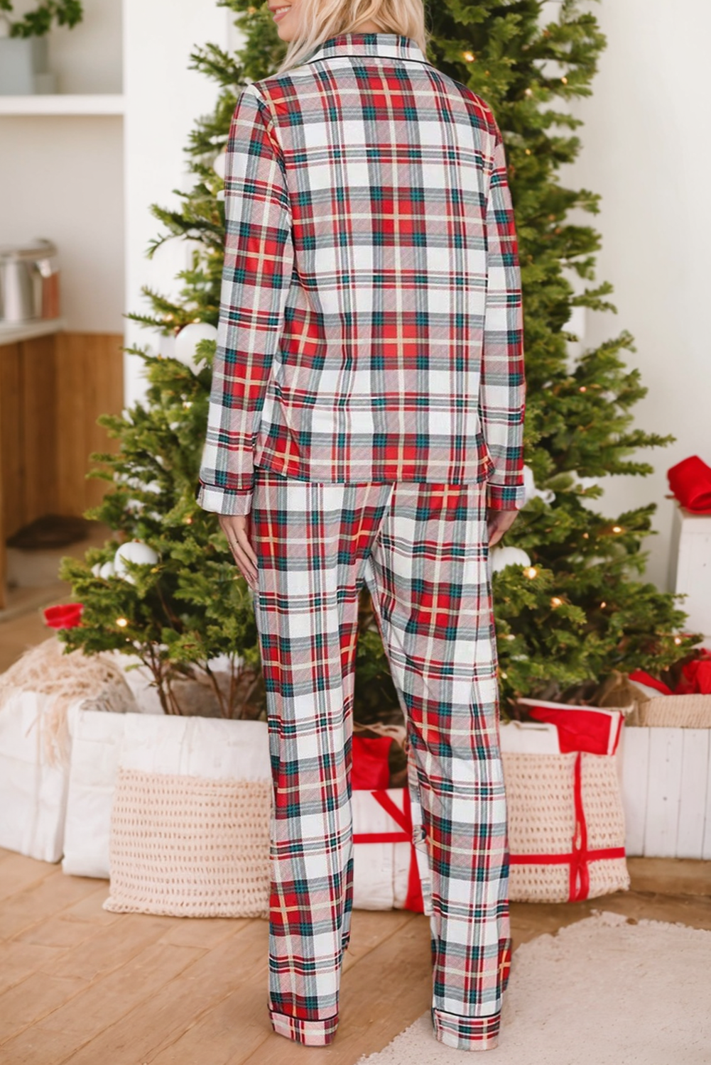 Red Christmas Plaid Long Sleeve Shirt and Pants Pajama Set